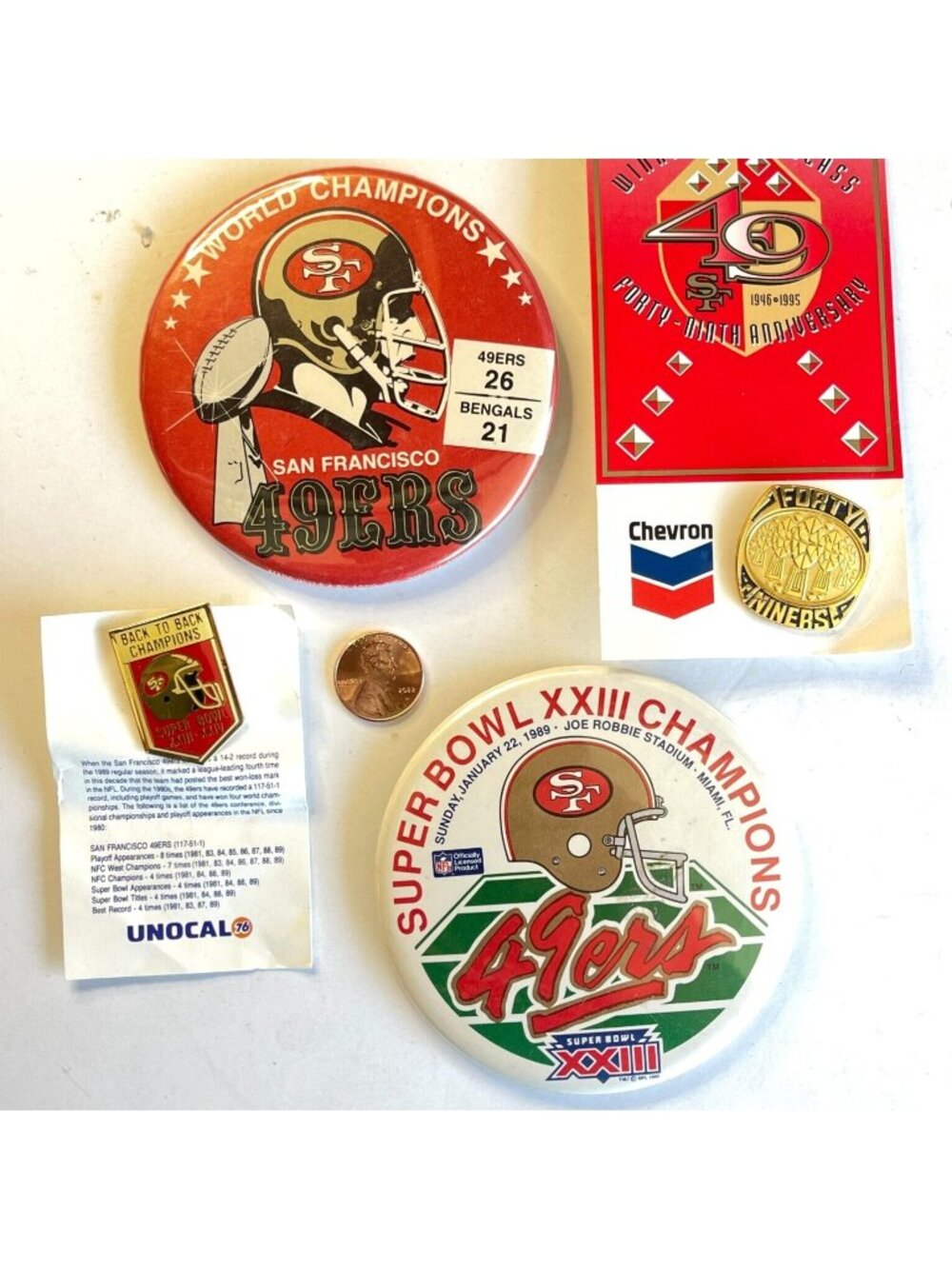 SF 49ers 4 Vtg NFL Super Bowl Button Pin Lot XXIII XXIV B2B Chevron x5 Gold Ring